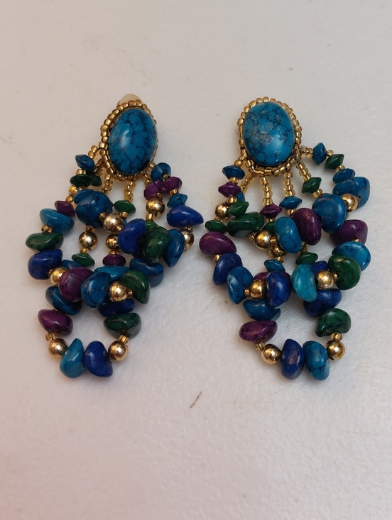 Vintage Jewelry - Vintage Southwest Inspired Clip On Earrings Faux Turquoise Cabochon Beaded Hoops